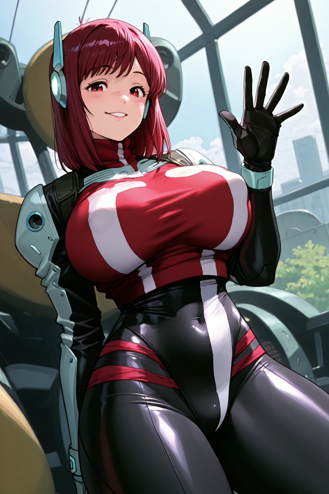 (masterpiece), best quality, expressive eyes, Beautiful FingerBeautiful body,Beautiful Nose,Beautiful character design, perfect eyes, perfect face,  
NSFW,official art,extremely detailed CG unity 8k wallpaper, perfect lighting,Colorful, Bright_Front_face_Lightin KallenStadfeld, blue eyes, pink hair, spiky hair, hair intakes, (red headband:1.2), (red bodysuit:1.2), (portrait shot, upper body), looking at viewer Kallen stadfeld kazuki Kallen red hair cyan eyes huge breasts standing locking at viewer closed mouth smile red lips lipstick 