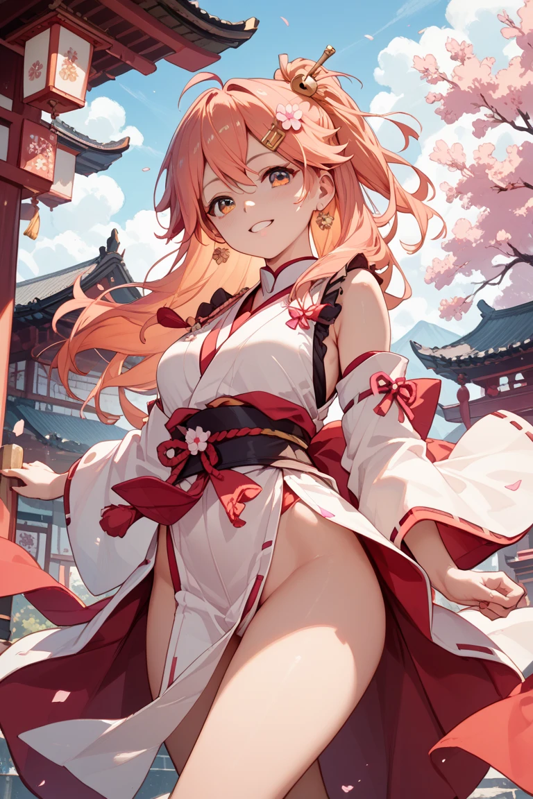 masterpiece、hightquality、top-quality、tusk, skinFang,ilulu\(maidragon\),ilulu, 1girl in, 独奏, looking at the viewers, red blush, A smile, open open mouth, (Shiny skin:1.2),(Colossal tits:1.8) (shrine maiden clothe), 细致背景, (shrines)、torii gate、(Hakama、a red skirt),wet, Kimono, Komono,Sleeveless,The cherry tree,(natta)、a moon、nigh sky、stele