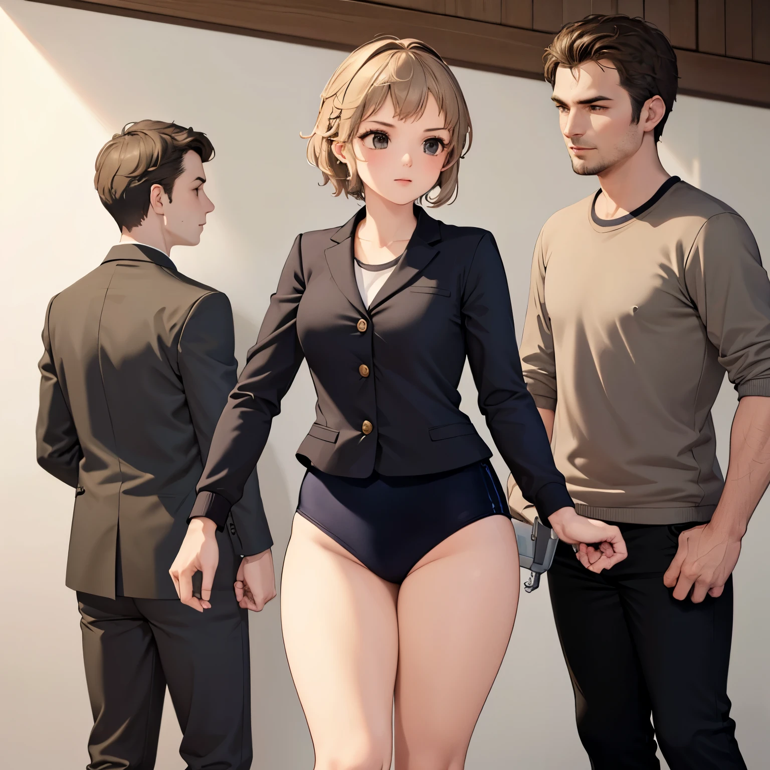 1girl wearing a black gymnastics bloomers,2boys in business suit, (sandwiched:1.1), masterpiece, best quality, highly detailed ,sword,armor,standing