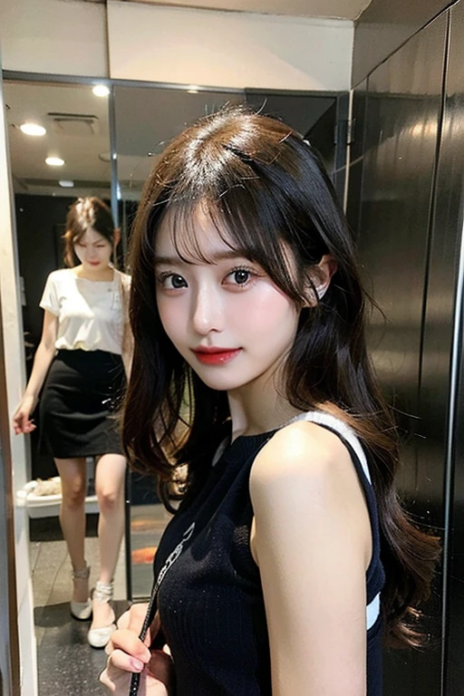 8k,(NSFW、Tight clothing)、(Glamorous Body、Big Tits、busty breasts:1.8)、Long black hair、Super beautiful woman、double eyelids、Tear bags、Big, round eyes、Long eyelashes)、highest quality、smile、on the train
