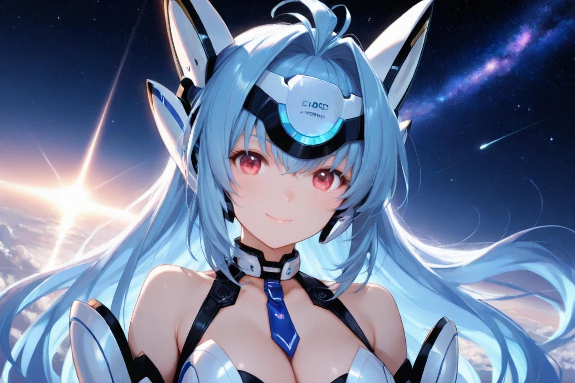 (masterpiece:1.3), (8k、Realistic, RAW Photos, Highest quality:1.4), (alone), One Girl, (((Lamb Wash))), Beautiful Face, 完璧な対称性を持つBeautiful Face, Cute Face, (Beautiful light blue long hair), With bangs, Has a visor on the forehead, Beautiful purple eyes, Perfect Anatomy, (Skin with attention to detail: 1.2), Natural , Beautiful thighs, Natural buttock costume, mini skirt, Open-chested outfit, In space you can see stars and planets, Standing on the deck of a spaceship, Perfect lighting, Focus Only, Perfect Anatomy,Front view,