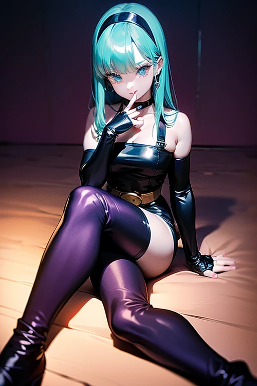 (masterpiece, best quality), 1girl, XenoviaDef, blue hair, yellow eyes, two-tone hair, sidelocks, multicolored hair, short hair, streaked hair, bangs, hair between eyes, medium breasts, breasts, large breasts, expressionless, frown, raised eyebrows, thighhighs, gloves, short sleeves, boots, green hair, black gloves, elbow gloves, black thighhighs, fingerless gloves, black footwear, leotard, covered navel, thigh strap, shadow, turtleneck, halterneck, thigh boots, black leotard, on floor, arm strap, strap, impossible leotard, cross, cross necklace, high school dxd