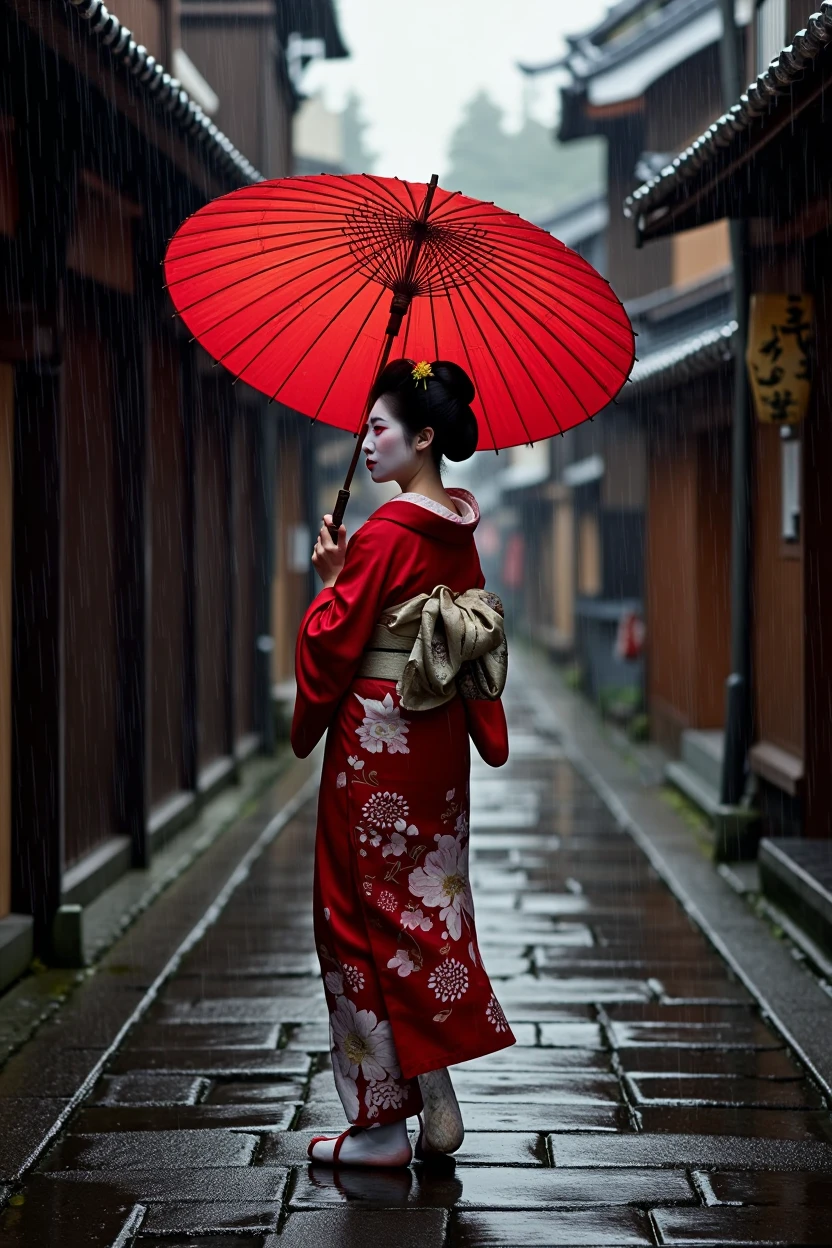 A realistic photo of a geisha holding a red oil-paper umbrella, walking through a rainy Kyoto alley. Her form is detailed and lifelike, with intricate kimono patterns and delicate makeup. The scene captures falling rain and wet cobblestones, with soft lighting and a misty atmosphere, evoking a serene, authentic mood.