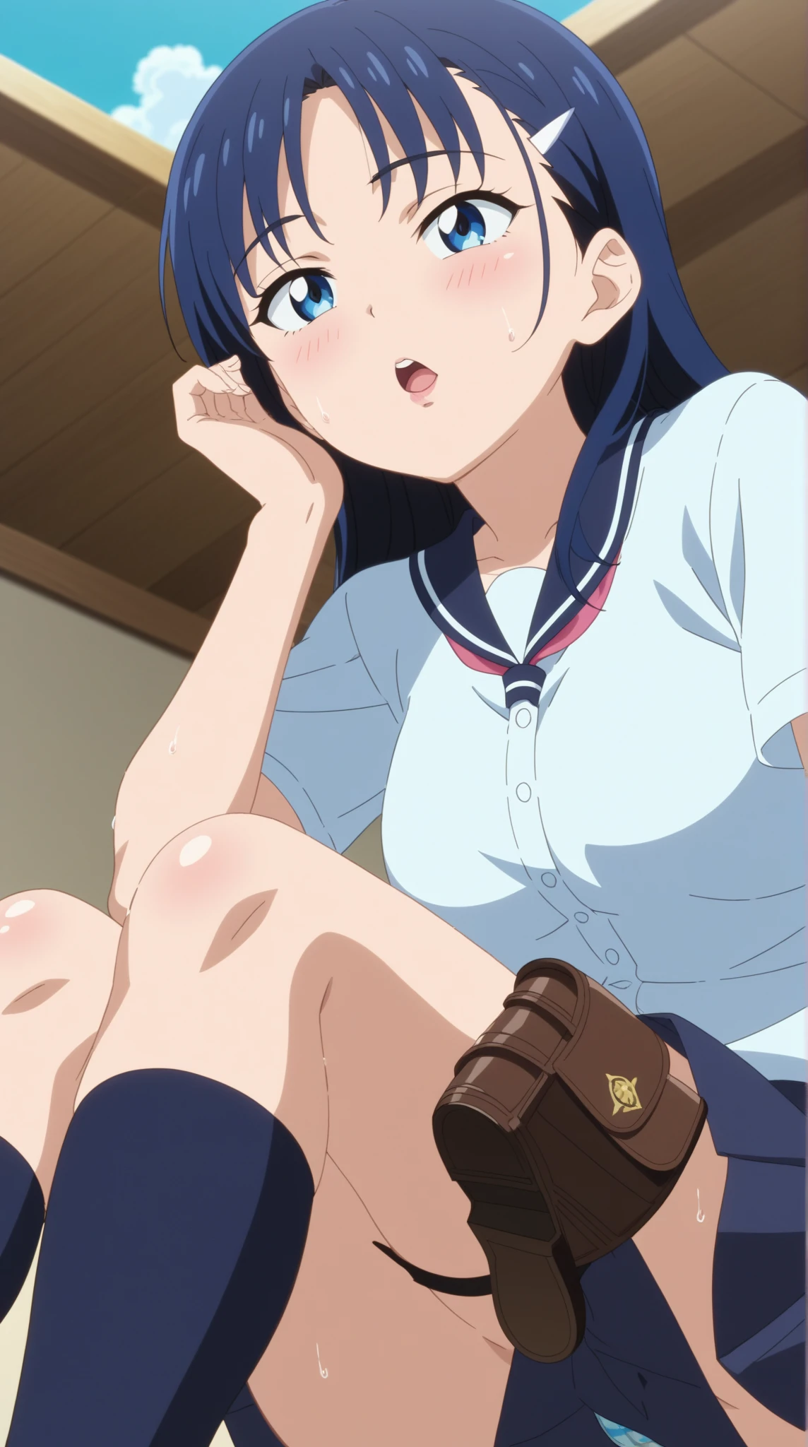 Nagatoro Hayase, blue short skirt, split, , (from below:1.2), bent down, Smirk, blush, Best quality, masterpiece, perfect lighting, Hands behind your back, panties