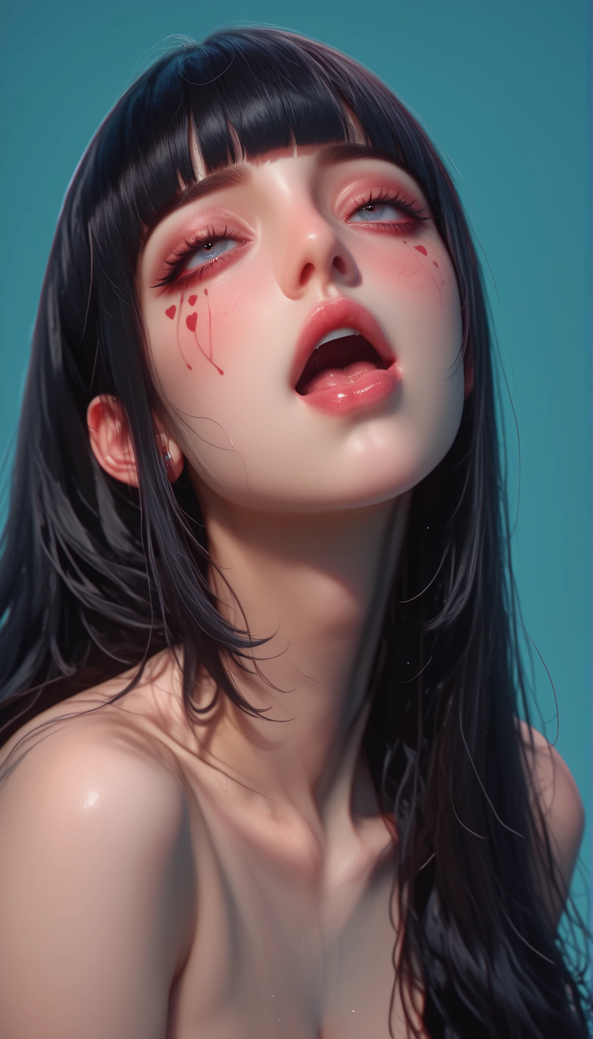 Hair covers bare chest、 Open mouth loosely, depression、20 years old、woman、 black hair 、 red cheeks 、 pink lips、 long straight hair、Bob、hime cut、 upper body、 Look up at the viewers 、 simple blue background、