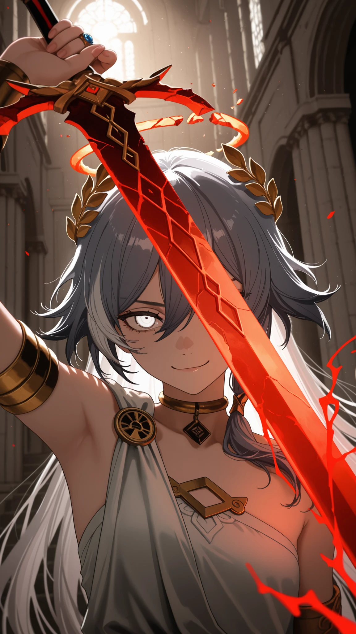 in the style of [inoitoh|yoneyama mai|arknights], god rays, vivid colours, light stream, colour splotches, cinematic shot, , young adult, masterpiece, best quality, amazing quality, very aesthetic, high resolution, ultra-detailed, absurdres, manwha, webtoon,
1girl, solo, upper body focus, close up shot, HoSenti, fu hua, toga, gray hair, white hair, multicolored hair, white eyes, ring eyes, broken halo, greco-roman clothes, ancient greek clothes, gold choker, laurel crown,
looking at viewer, greco-roman architecture, massive overwhelming blood magic, cursed by gods, smirk, sinister, turned body, pulling a red bleeding sword out of a portal,

 