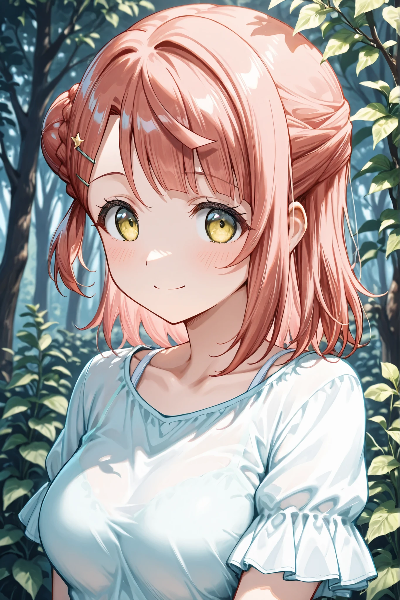 1girl,Ayumu Uehara,yellow eyes,pink hair,medium hair,braided bun,hair bun,medium breasts,