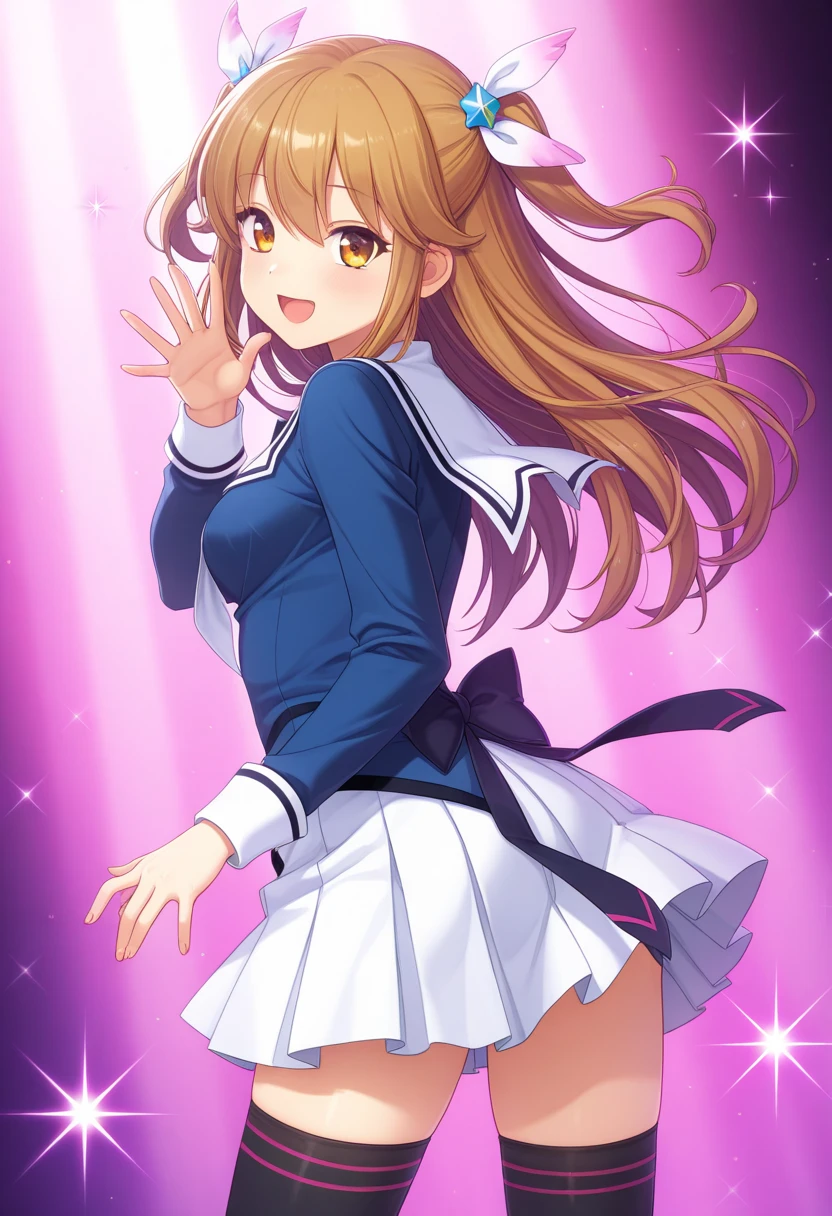 masterpiece, best quality, one side up, feather hair ornament, hair flower, white gloves, legwear, thighhighs, (1girl), (solo), otonokizaka ,winter uniform, red striped bow tie, navy blue blazer, blue striped pleated skirt,from front, on live stage,dancing ,smile,spot brilliant light,BREAK score_9, score_8_up, score_7_up, score_6_up, source_anime