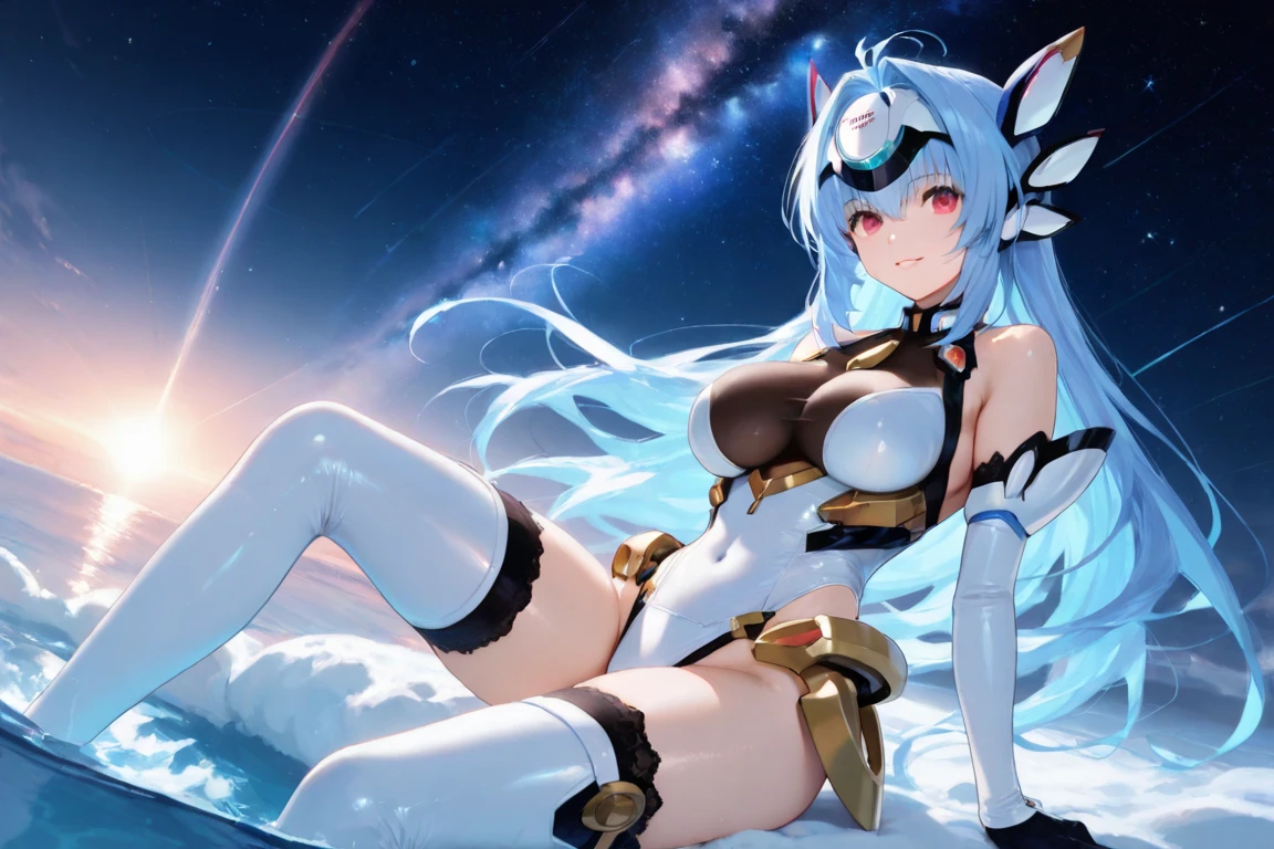 (masterpiece:1.3), (8K、photorealistic, Raw photo, best quality:1.4), (solo), one girl, (((kos-mos))), beautiful face, Beautiful face with perfect symmetry, cute face, (smile,) (beautiful light blue long hair), With bangs, There is a visor on the forehead, beautiful purple eyes, perfect anatomy, (high detail skin: 1.2), natural breast, beautiful thighs, Natural buttocks, white costume, mini skirt, costume with open chest, outer space, (Inside the spacecraft), ((lean forward and look into the camera&#39;s viewfinder)), perfect lighting, focus only, perfect anatomy,Front view,