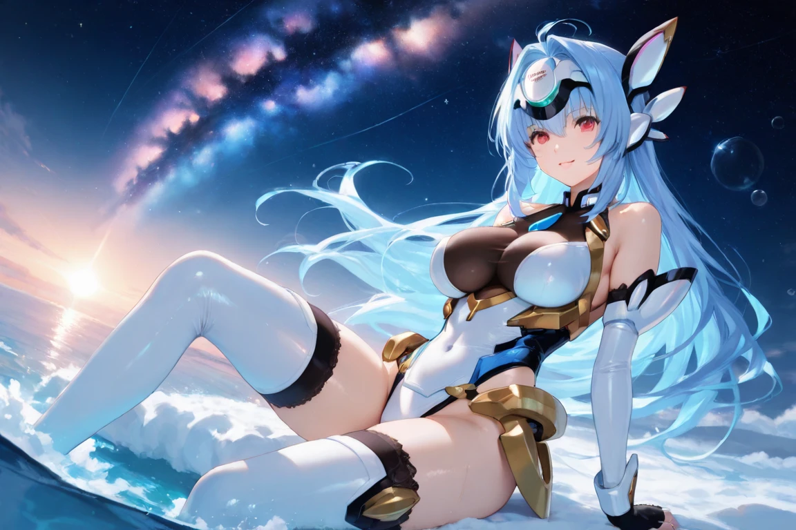 (Masterpiece), ((best quality)), 1girl, ((angle from below)), ((from below)), ((looking down)), smirk, long hair, white hair, cat ears, blue eyes, arms up, ((big breasts)), ((wide hips)), (pastel blue latex bunny suit), stars