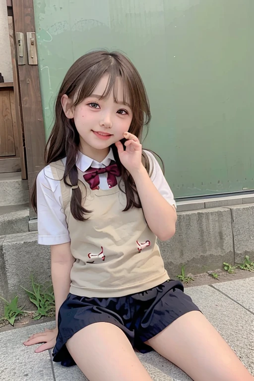 Japanese,6 years old,Baby Face、Ultra-flat chest、Ultra short height、An innocent smile、Flat chest close up、Unrealistic flat chest:1.85、cute,Primary school students,Primary school studentsのピンク色の私服,Summer clothes、So small and so young