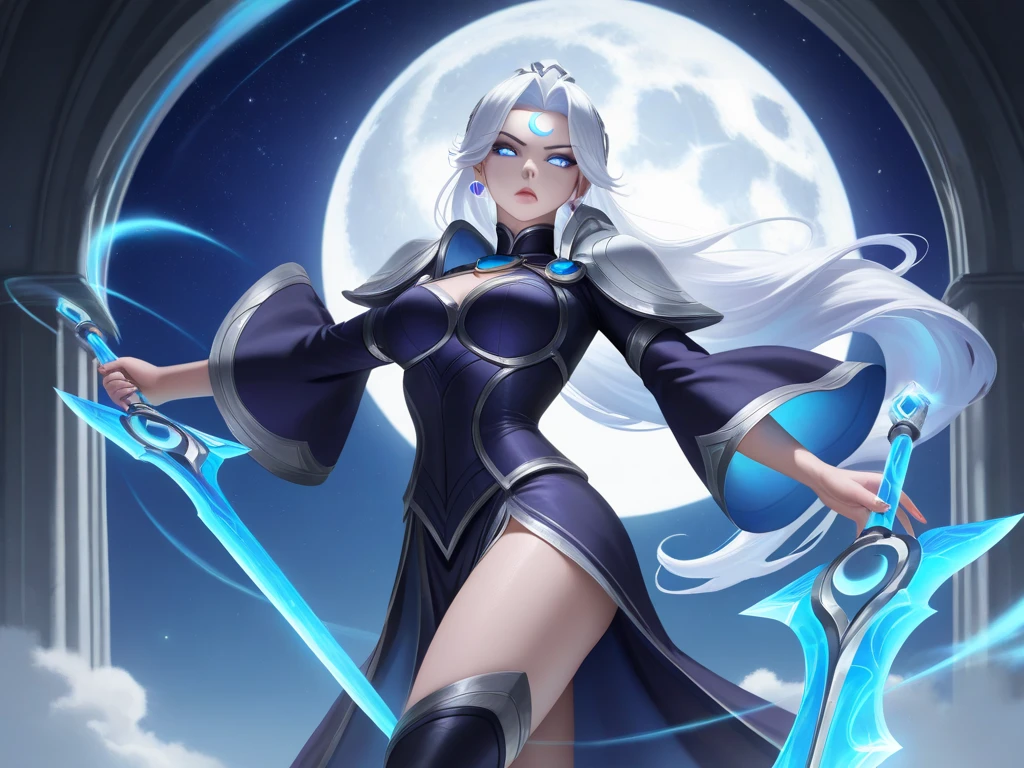 (female:1.2), 8k, ultra hd, ultra detailed texture, hyper realistic, masterpiece, detailed texture, detailed face, detailed skin, detailed lighting, (photorealistic:1.5), best quality, beautiful lighting, cinematic lighting, professional lighting, ultra highres, realistic, detailed hair, real hair, high quality, (realskin:1.5), extremely detailed, finely detail, ultra-detailed, 1girl, solo, floating, (blue eyes), glowing eyes, black lips, v-shapped eyes, closed mouth, angry, colored skin, dark skin, purple skin, nose, pretty, beautiful, make up, cute face, evil smile, short hair, white hair bangs, large breasts, thigh, pauldrons, black pants, belt, purple coat, mechanical wings, armor shoulder, gloves, eudora \(mobile legends\), depth of field, looking aways, skin tight, amazing pose, glowing electric, lighting, cinematic background, elf ears