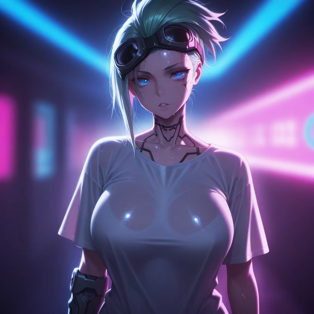 a beautiful girl with small breasts, slender legs, pink hair and green eyes, illuminated, blushing while looking up, taking a selfie, a next to the girl, ((aerial view))