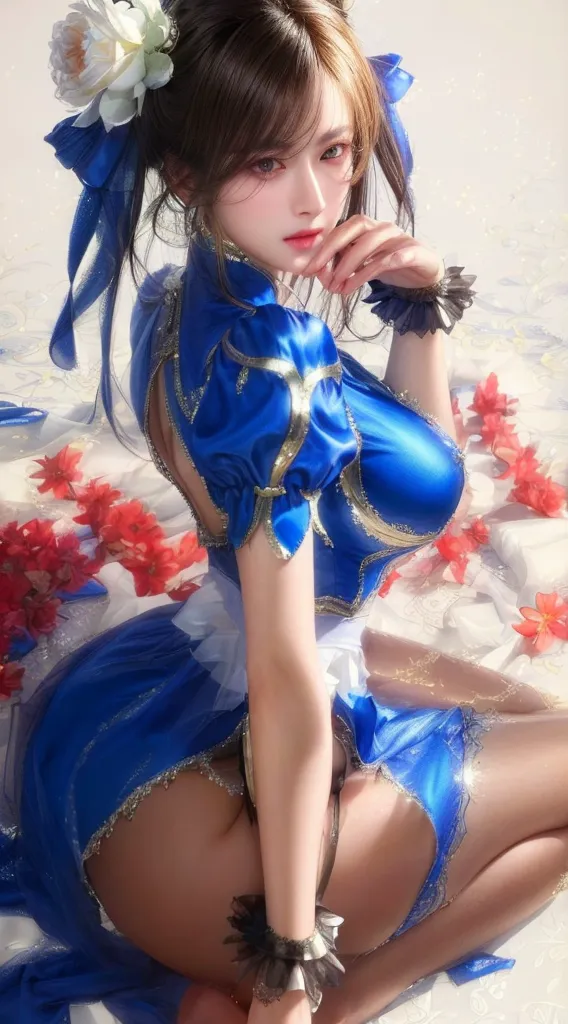 A young girl wears a blue and white silk cheongsam, loli face, double ponytail hairstyle, white over-the-knee stockings, and a pair of satin elbow gloves, the gloves must completely wrap the fingers, and the gloves need to be specially drawn. The girl had no shoes, and the whole person was half lying on the bed