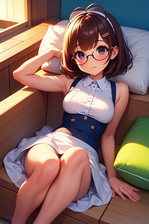 (masterpiece), (highest quality), ((Super detailed))、(super delicate)、Cute naughty peasant girl、Pastel colors hair、medium breasts、Thighs、Gorgeous、black hair, short hair, (low twintails), glasses, standard height, (anxious face:1,2、blush:1.2, quiet personality:1.2), (naked)