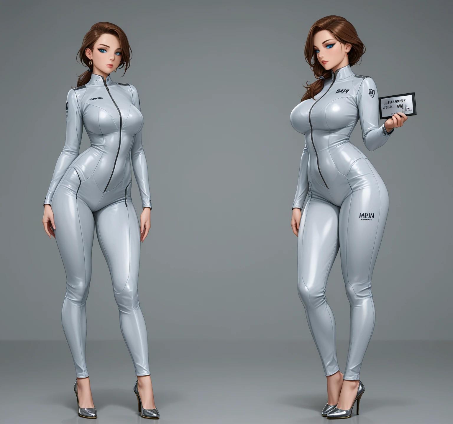 1girl, Solo, Slender, big breasts, beautiful, Young, Little woman, Coveralls,a repairman, tight suit, navel, cleavage, Car, garage, various angles, (front, back, side), character sheet, model sheet, reference sheet.