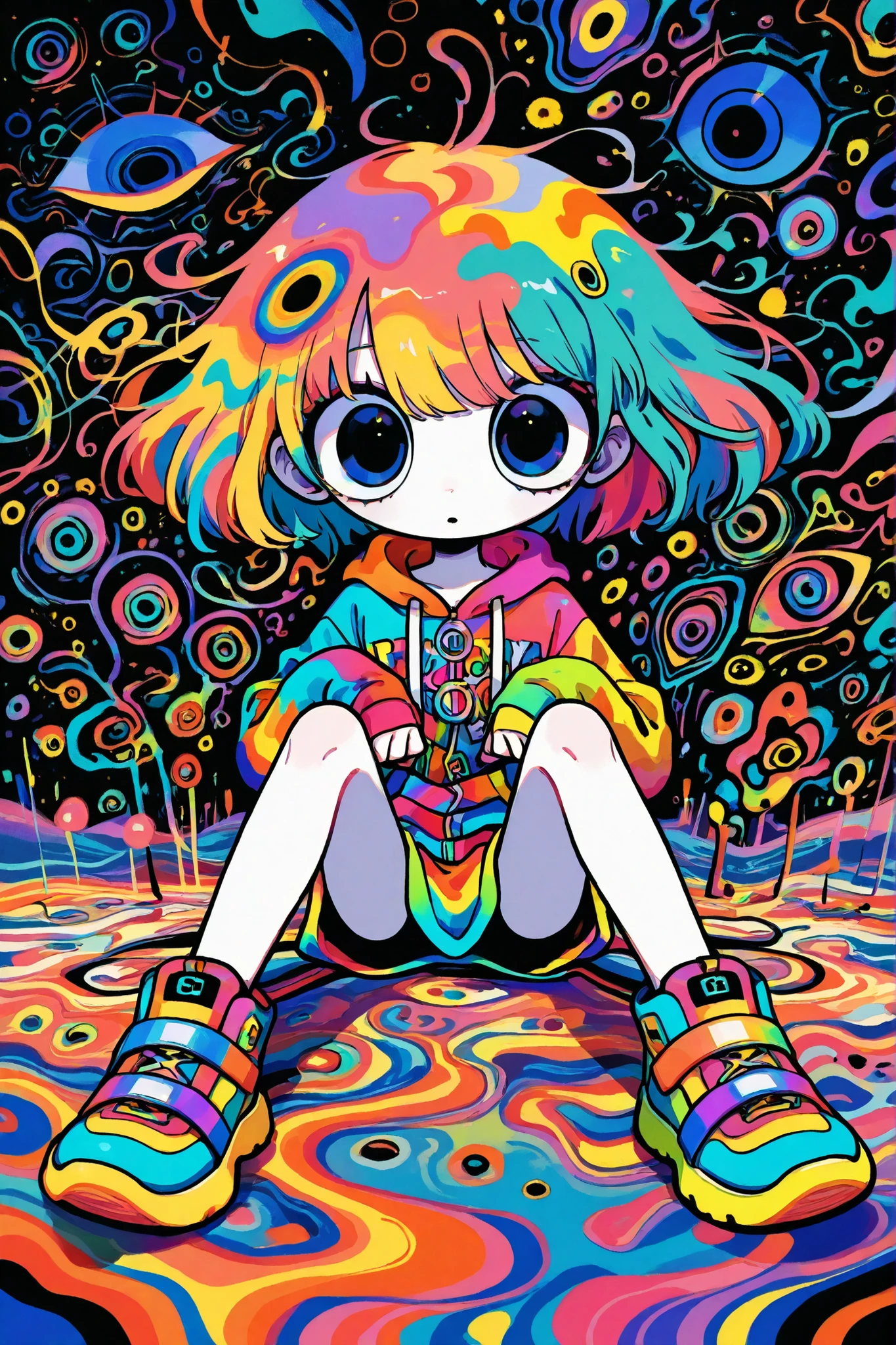 1 , colorful fashion, Hair, sit with legs spread, rest, Naughty, ultimate quality, big eyes, abstract,