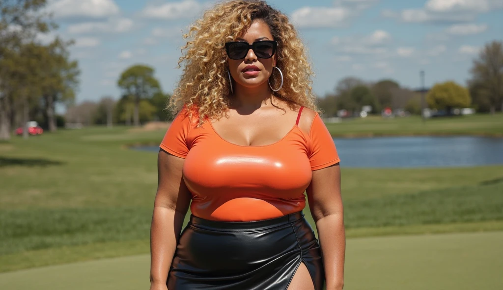 very huge breasts, dark skin, yellow hair, short hair, Happy smile, realistic and detailed hands, realistic and detailed face, realistic and detailed tooth, realistic and detailed foots, realistic and detailed face, {full body image}, {one woman}, aviator sunglasses, park, {on feet}, yellow short dress, extremely muscle, heavy rain, skin and clothes wet, walking.