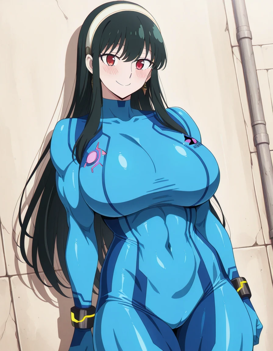 傑作、best quality、best resolution、best image quality、amazing quality、 very aesthetic、 absurdres、anime coloring、1woman、、yor briar、solo、black hair、long hair、sidelocks hair、red eyes、white hairband、covered breasts、huge breasts、cleavage、very large breasts、covered 、large 、covered deltoids、covered anterior deltoids、covered middle deltoids、covered posterior deltoids、covered biceps、covered biceps long head、covered biceps short head、covered triceps、covered triceps medial head、covered triceps long head、covered triceps lateral head、covered brachioradialis、covered thigh muscles、covered cameltoe、very tall woman、toned body、strong muscles、flexible body、muscular woman、、samus aran cosplay、samus aran \(cosplay\)、blue bodysuit、bodysuit、covered navel、covered midriff、covered stomach、covered collarbone、covered thighs、skin tight、zero suit、outdoor、blush、smile、looking at viewer、female focus、cowboy shot、dutch angle shot、