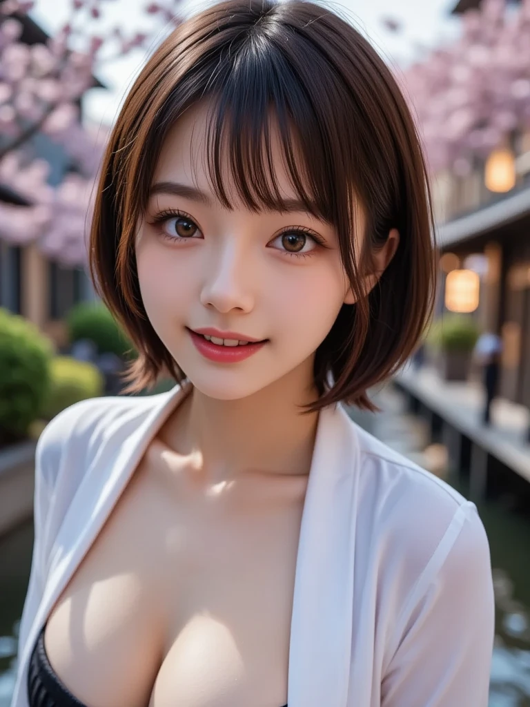 (8k), (best quality), (masterpiece:1.3), (realistic), (photorealistic:1.36),(adult face:1.2), (large_breasts:1.3),mole under eye, aqua eyes, short cut hair,Dimples,cherry blossoms