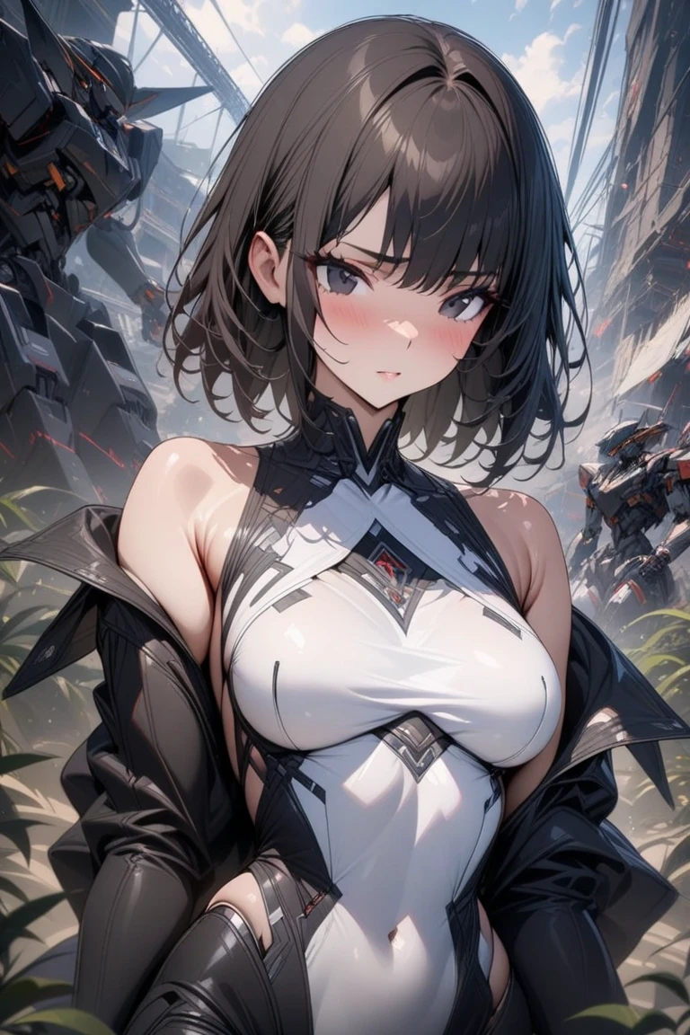 Girl, short black hair, white eyes, iron hands, iron rectangle in her chest, big breasts, exposed belly, skirt, shiny iron hands