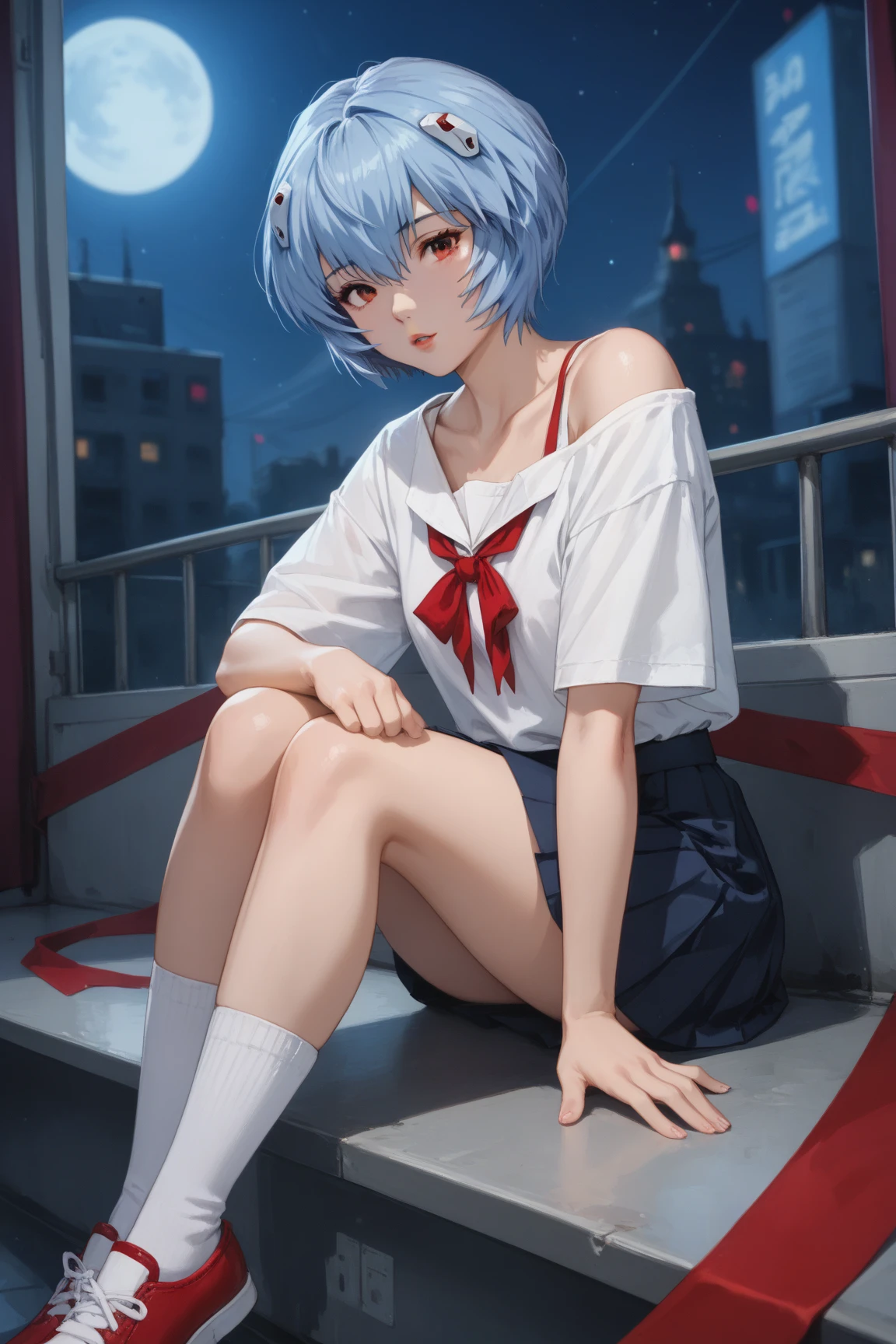 Rayanami, Rei Ayanami, Blue Hair, short hair, (Red eyes:1.5),Small head、
,((Junior High School Uniform)),
break outdoors, city,
break looking at viewer,
break (Tabletop:1.2), Highest quality, High resolution, unity 8k wallpaper, (figure:0.8), (Beautiful attention to detail:1.6), Highly detailed face, Perfect lighting, Highly detailed CG, (Perfect hands, Perfect Anatomy),((Spread your legs:1.3))((white panties with cum))((sitting on the steps of an abandoned concrete building:1.2)),((Medium Shot, From below)),Wet sexy lips,a lot of saliva ,