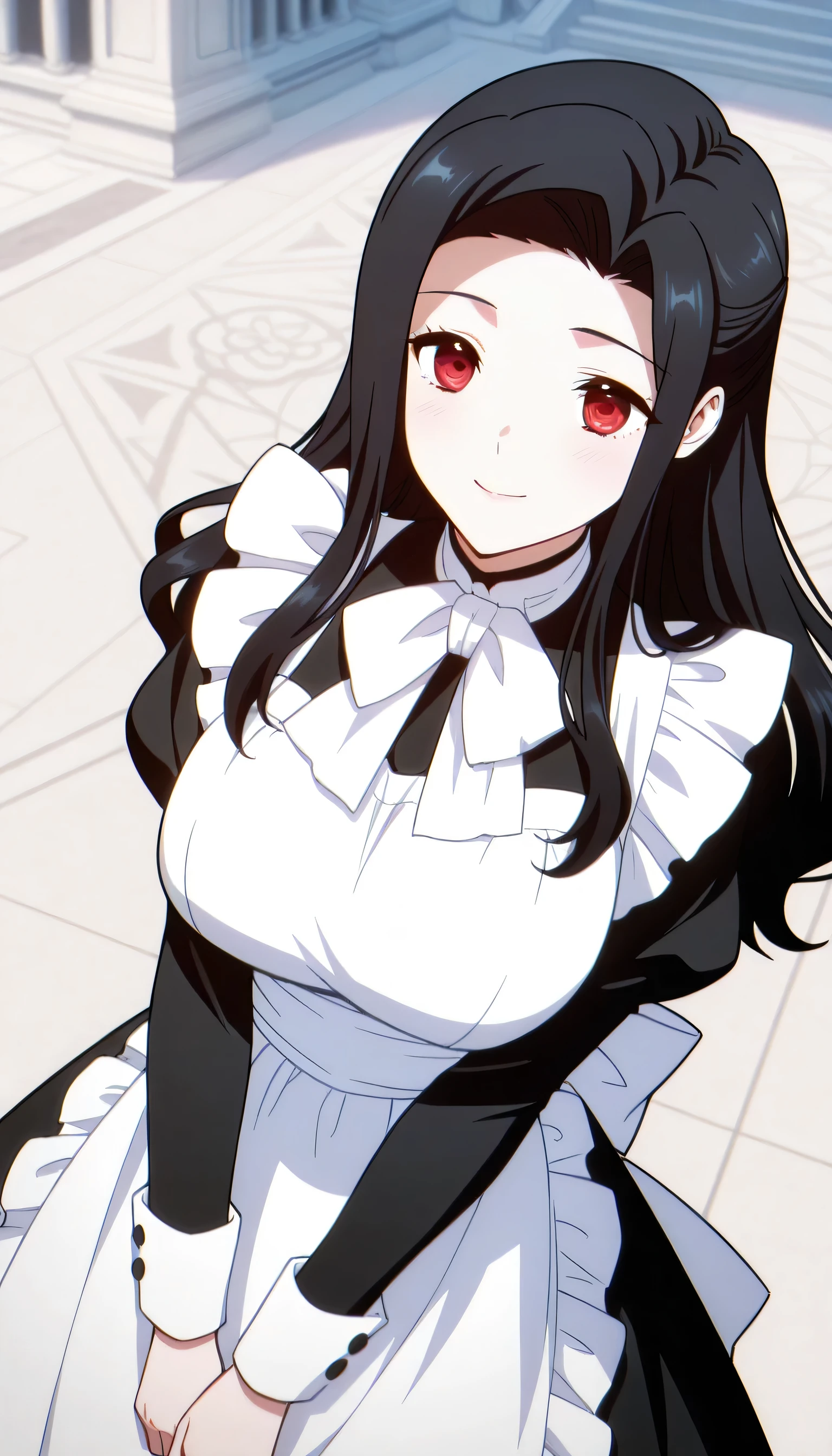 alone, 1 girl, Mayumi Saegusa, long hair, ผมสีดำ, Black White Bow, Red Eyes, Big Breasts, put on maid dresses, smile, Temple Background, high-angle image