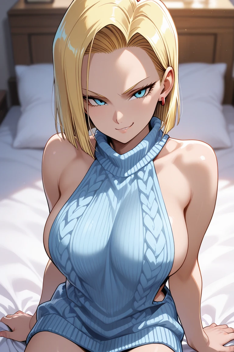 character illustration of a woman, no background, stylized illustration, detailed, short blonde hair, red lips, blue clothes, pale skin, creative.