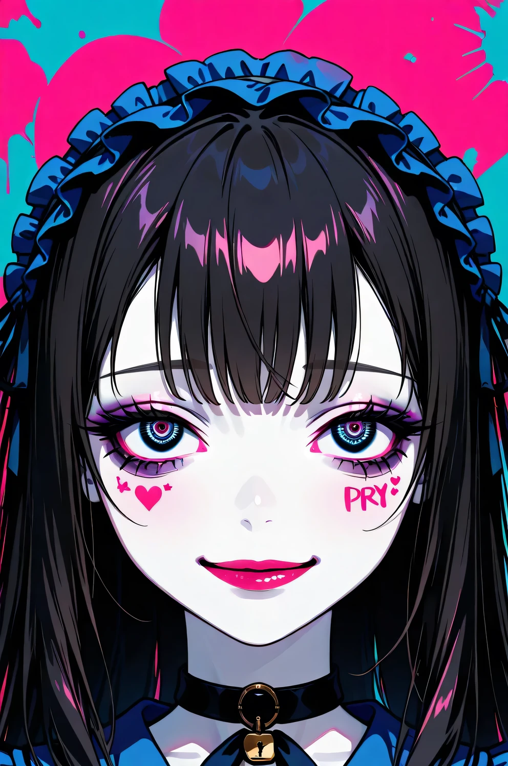 (Alone:1.2), 1 girl\( is cute , is cute ,(Bad look in the eyes:1.4), close eyes and pray, A dreamy look), ( black hair:1.2),( long hair:1.1),(Red and Blue Odd Eyes), ( big eyes),( white skin:1.3), (Gothic ta Fashion: 1.6\Headdress: 1.4), (Lock:1.3) BREAK Background\Handsome man's face in the background, pop art , bright color, ( graffiti art :0.5), 8k wallpaper