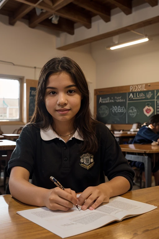 Make a girl student 18 years old writing an exam in exam hall