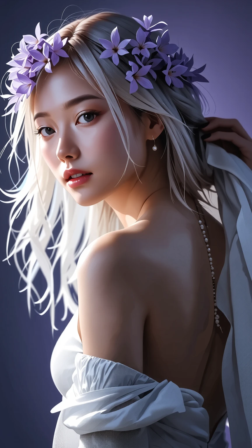 White Background、Professional Lighting、(((Professional Lighting 1.5)))、Translucent skin texture、Beautiful Skin、Beautiful Skin、、(((Whitening 1.5)))、、、音符のEcstasy、((Nude 1.5))、、Mid-shot photo、Simple earrings and necklace、((white hair))、Tie your hair up、sex appeal、Sex Appeal、Ecstasy、(((Naked with hands clasped above head 1.5))、