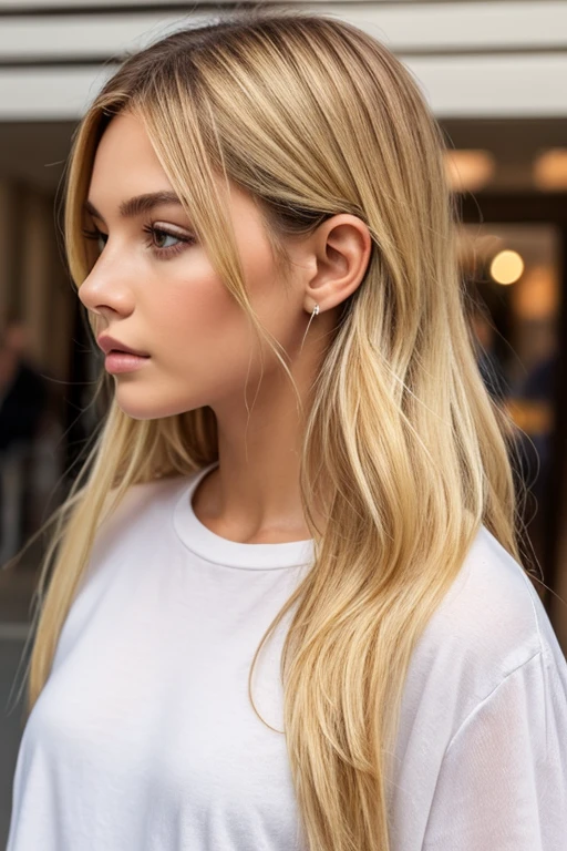 Gorgeous european woman with very long hair, long ponytail with fringe, wet hair, hair slicked back, combed straight back, slick hair, streaked blonde hair, seductive pose, Emma Watson in a revealing, cleavage, solid dark grey background