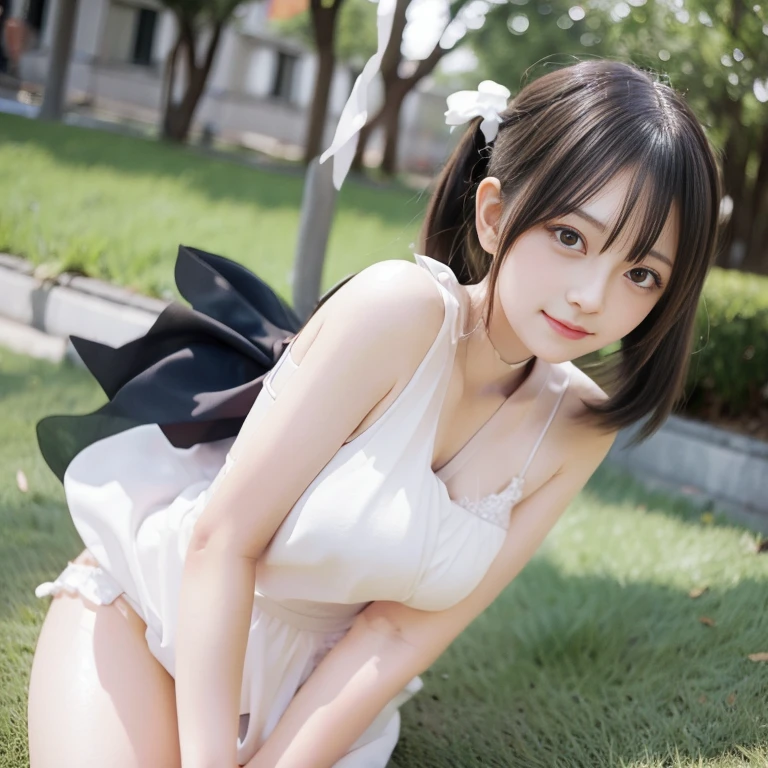 full body Esbian、(Top image quality、The ultra-detailliert、highly detailed and beautiful、超A high resolution:1.2)、(cute little、kawaii:1.3)、(very detailed beautiful face and eyes:1.2)、({white and pink metallic}Cheerleader Costumes:1.3)、((espadrilles)).(Shyly smiling face、{A dark-haired|brown haired}、With bangs、loose twin tails、(((Squatting on the ground)))、(((Open your knees from side to side)))、Shooting from front、profetional lighting、Professional filming、Girl in the park、Cute smile、masterpiece、8K、Delicate body、Detailed hand、Showing the navel、nogizaka、Beautiful black eyes:1.3、17-year-old schoolgirl