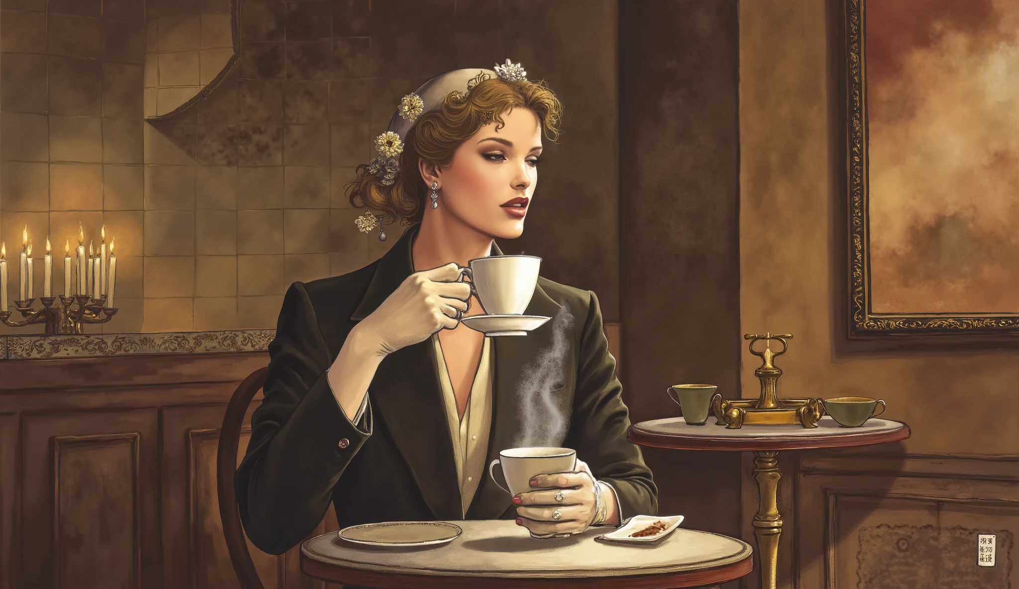 1940´s, elegant woman wrinking a coffe in a vintage coffee jazz café, woman looking away from camera as she is enjoying a hot coffee drink