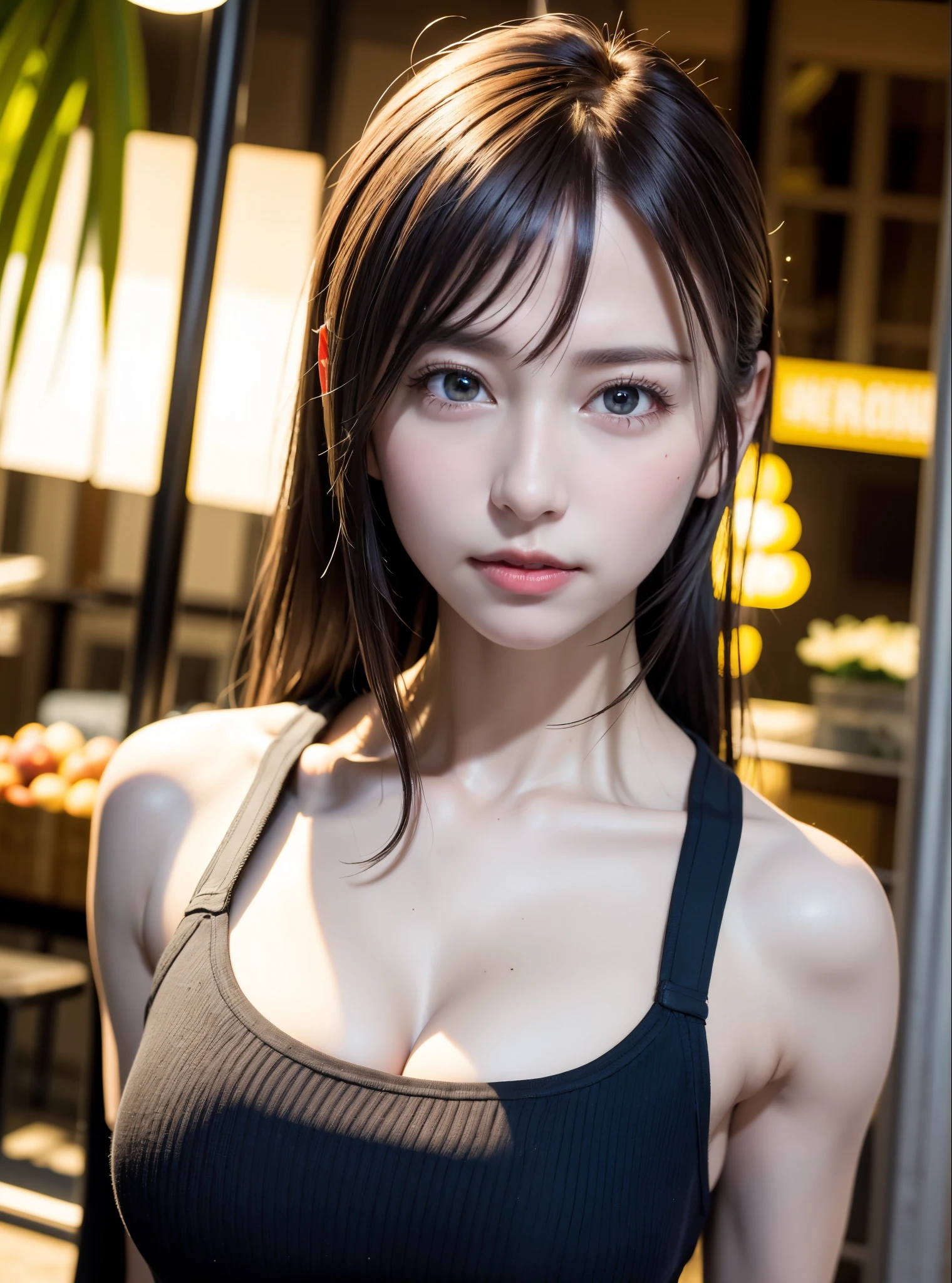 a girl doing a peace sign, pouting lips like about to kiss, seme close up scene, looking forward at the camera, dramatic lighting from front, wears a tank top