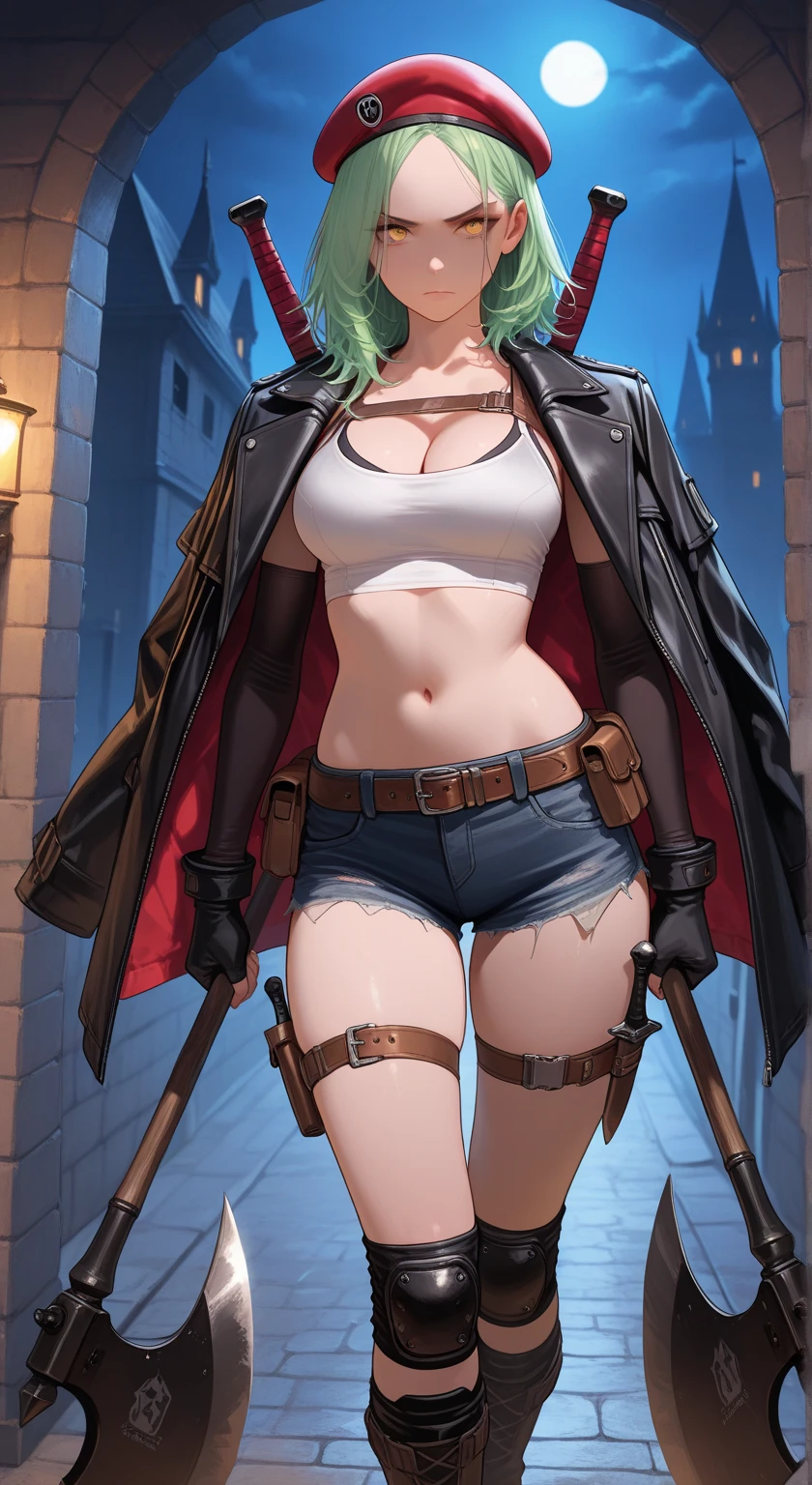 ((masterpiece, best_quality)), (photorealistic:1.4), solo, 1 girl, white_background, white_hair, short_hair, zettai_ryouiki,(black big ribbon accessories at the back of head), (red jacket with sleeves rolled), toggle button pin buckle, ((tosca-blue colour) mini pleated skirt with a slit in the front), outline nipple can be seen through the clothes, areola bulge, high heels boots, belly, crotch gap, cameltoe ,shiny skin, sweaty skin, nose blush, belt under boobs, underboobs, full body, standing tall