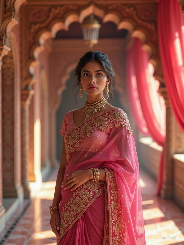 Ek Stri Khadi Hogi Uske Jewellers Golden Hai Sadi ka rang pink hai full image quality mid journey4K 8k