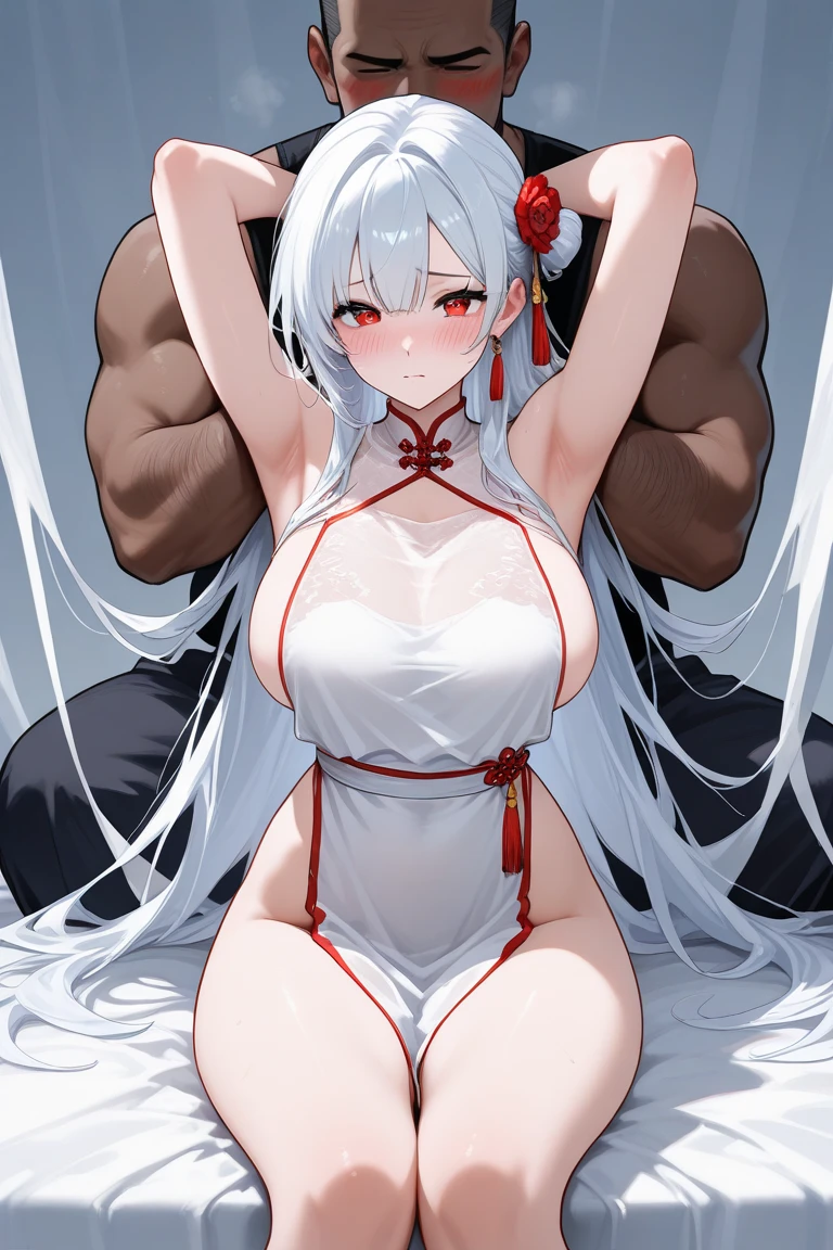 score_9, score_8_up, score_7_up, source_anime, best quality, clear face,Yamato,white hair, orange eyes, long hair, large breasts, perfect body, standing, looking at viewer, showing tongue, white dress, dynamic angle, indoor,blushing,embrassed,see though clothes,big boob,hands on boob,man grabbing her tits, man hugging her ,grabbing tits,big dick between her thights