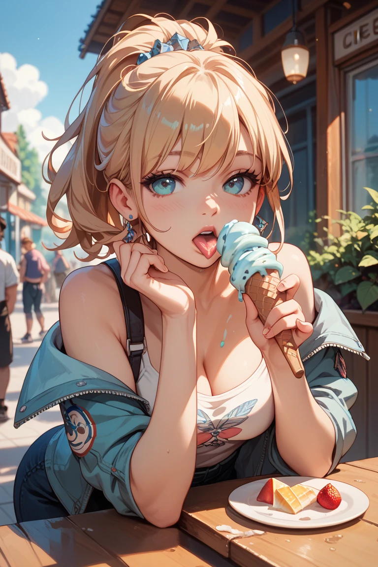 ((Masterpiece)), ((best quality)), ((kawaii)), ((extremely detailed)), (sketch:0.3), (RAW photo:1.2), (8K), (High Definition:1.3), (Professional Photography:1.2), cinematic lighting, (very aesthetic:1.2), (absurdres:1.2), (sharp focus), (perfect light), ((1girl)),((12 years old)), cute young girl, (naughty smile), ((sticking out tongue)), (Beautiful deep purple eyes:1.2), (put on cat ears), girl, (Embroidered cute tanktop), small breast, Healthy skin, (Healthy slim body), (Healthy and toned body), shortpants, pudgy cheeks, BREAK, ((best quality)), (very aesthetic:1.2), (absurdres:1.2), ((extremely detailed)), (loose blunt bangs), ((Beautiful Silky hair)), low ponytail medium hair, ((beautiful pale brown hair)), 🌈, ((Eating vanilla ice cream)), loose sitting on chair, ice cream on the café terrace, (the Midsummer Cafe Terrace), Beautiful cityscape Background, Large Cumulonimbus Clouds, pastel colors clouds, kawaii, cute colors,