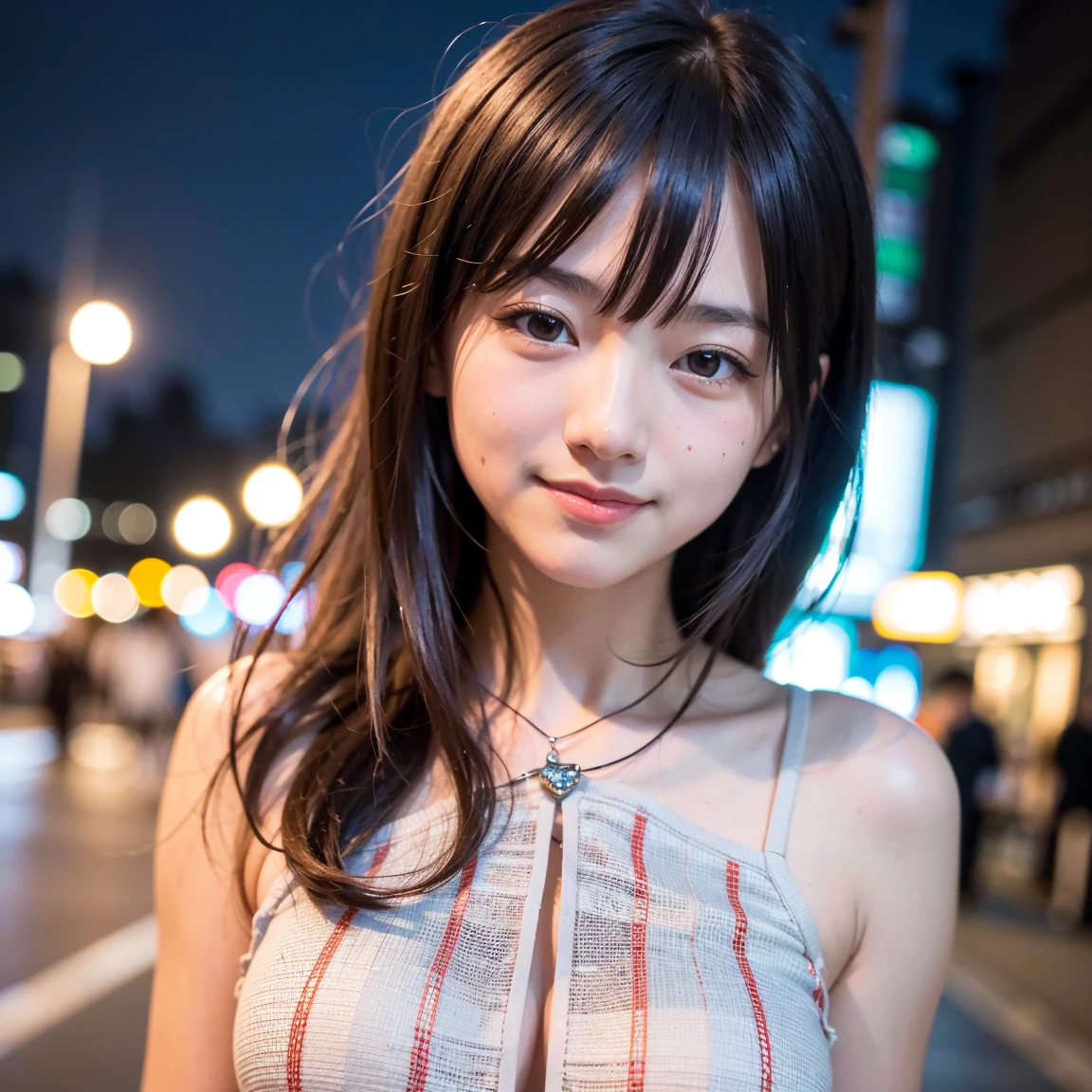 1 Girl, Tokyo Street,night, Streetscape,City lights,Upper Body,close,smile,, (8K, RAW Photos, Highest quality, masterpiece:1.2),(Realistic, photo-Realistic:1.37),