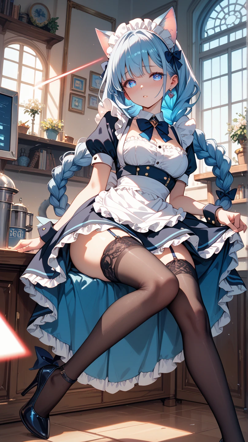 highest quality, masterpiece, ((1 girl:1.5)), ((smile:1.3)), (blush:1.3), Black Shirt, blouse, ((fun!!)), (Small breasts), Blonde, (Long sleeve), ((White apron:1.5)), ((Maid)), ((hair ornaments)), Kamimei, look at me, ((in house:1.5)), Taking a break from watching the audience,  ((knees to chest:1.5)),, (Highly detailed pink striped panties:1.3), (Highly detailed panties:1.3), ((Panties fully exposed:1.5), Light blue eyes, long hair, Glowing Eyes