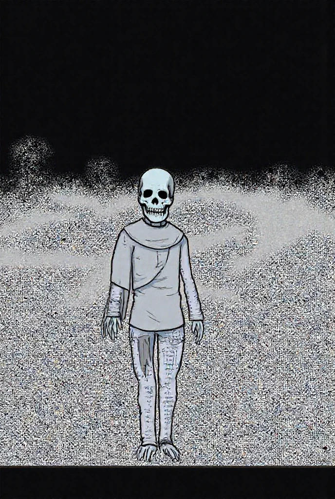 A skeleton, 2D, fractured skull and Small hole in the skull So His brain looked a little damaged and smoky, Facing sideways, Blank stare, Feeling empty, Wear an office shirt, Holding a hope map, Half body view.