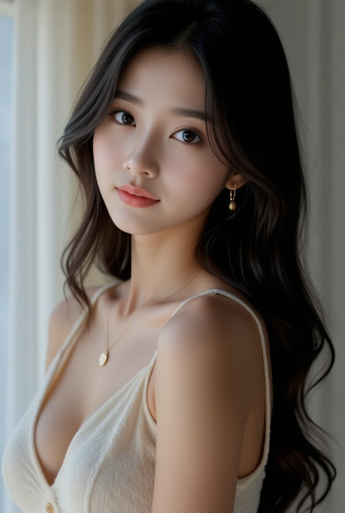big breasts((big breasts:1.5, chubby:1.5,neckline,Half naked:1.2, exposing large neckline:2,low cut, with open chest, with open chest,breastinClass ,)
1 girl, realistic korean idol star,((( busty, half naked, highly fine breasts))), (casual hairstyle, No: 1.2), delgado: 1.2 ((shot masterpiece from the character's positive perspective))
delgado: 1.2 ((shot masterpiece from the character's positive perspective))
quality,(Best Quality, High details, anatomically correct, HD, retina,grant ,winning masterpiece, necessary, Super detail, textured skin, high quality, High resolution, 16k)
earring,(High detail, modern, Verism)
Excellent picture effect,(fujicolor, cinematic lighting, shine, ray tracing)
Excellent form,Project investigation Professional perspective,Cowboy perspective Eye level shot, f/1.8, 35mm, Sony fE GM hermosa apariencia,light smile,Highly detailed face and skin texture, detailed eyes, beautiful eyes,((A blue pupil on the left eye, a yellow pupil in the right eye, sparkling eyes, shadow, beautiful detailed eyes, aquamarine eyes, long eyelashes, ))
High-end accessories,(necklaces, earrings)