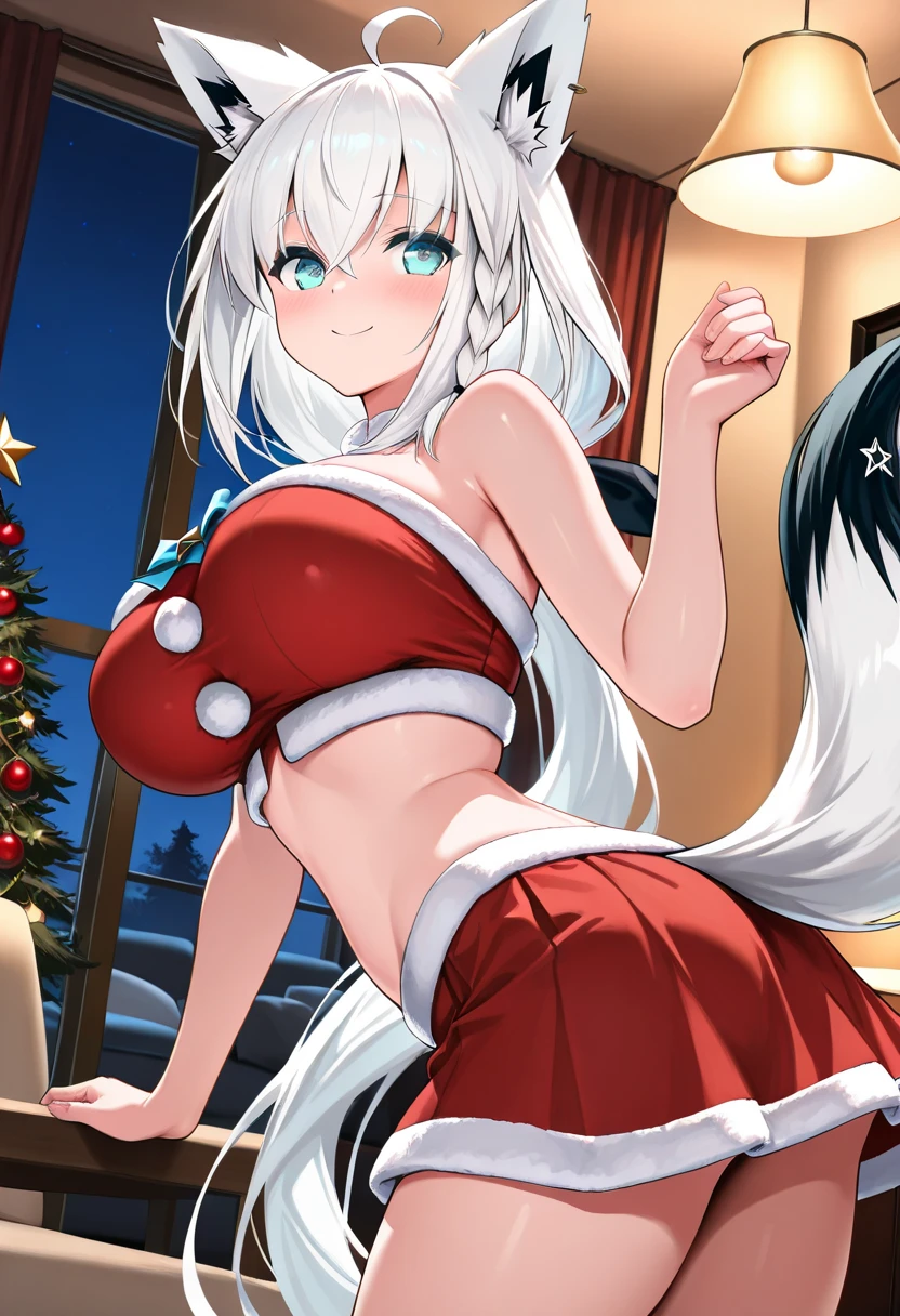 High quality, masterpiece, ultra-detailed, ribbon over naked body, 1girl, solo, peaceful expression, long white hair, enchanting eyes, fox ears, ridiculously large breasts, shiny skin, bedroom, christmas
