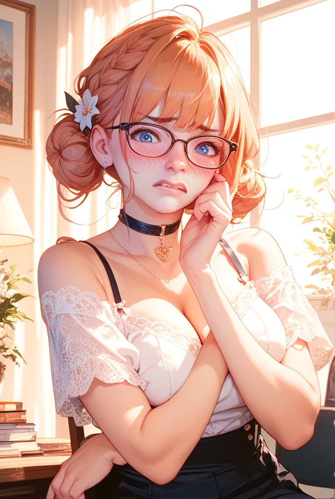 (Tabletop:1.0), (highest quality:1.4), (High resolution:1.2), From the side,Sharp contours, boyish, highest quality, masterpiece,Glasses,Voice of the Heart,20-year-old woman,yandere,Big Breasts,Chest to chest,Lying face down,Upper Body,Ecstasy,saliva,blush,Squint your eyes,Heterochromia iridis,Tuck up your clothes,lure