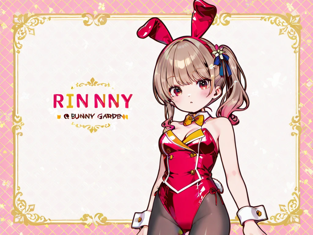 poster, (masterpiece, best quality),blond(rich and colorful),(Stunning details),Standing front，Anatomically correct,Precision drawing,Detailed view,Luxury, girl lotus pose:1.6, lotus po station:1.6, (Bunny girl costume:1.5),（black：1.5）,Smile，Blank background