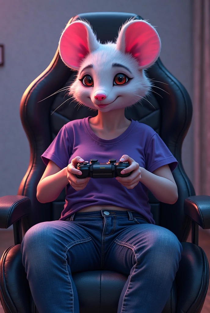 A rat woman, no clothing, playing Dead By Daylight on a gaming computer, realistic styling