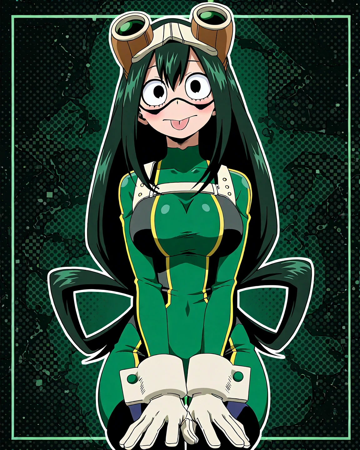 score_9_up, score_8_up, score_7_up, cowboy shot, 1girl, Asui Tsuyu\(boku no hero academia\), green hair, very long hair, low-tied long hair, tied hair, black eyes, wide hips, medium breasts, uniform, source_anime, anime style, (hypnosis, standing, street at night, heart-shaped pupils, brainwashed, blush, looking at viewer, thigh gap, phone, heart, eye symbol, rating_questionable, pov)