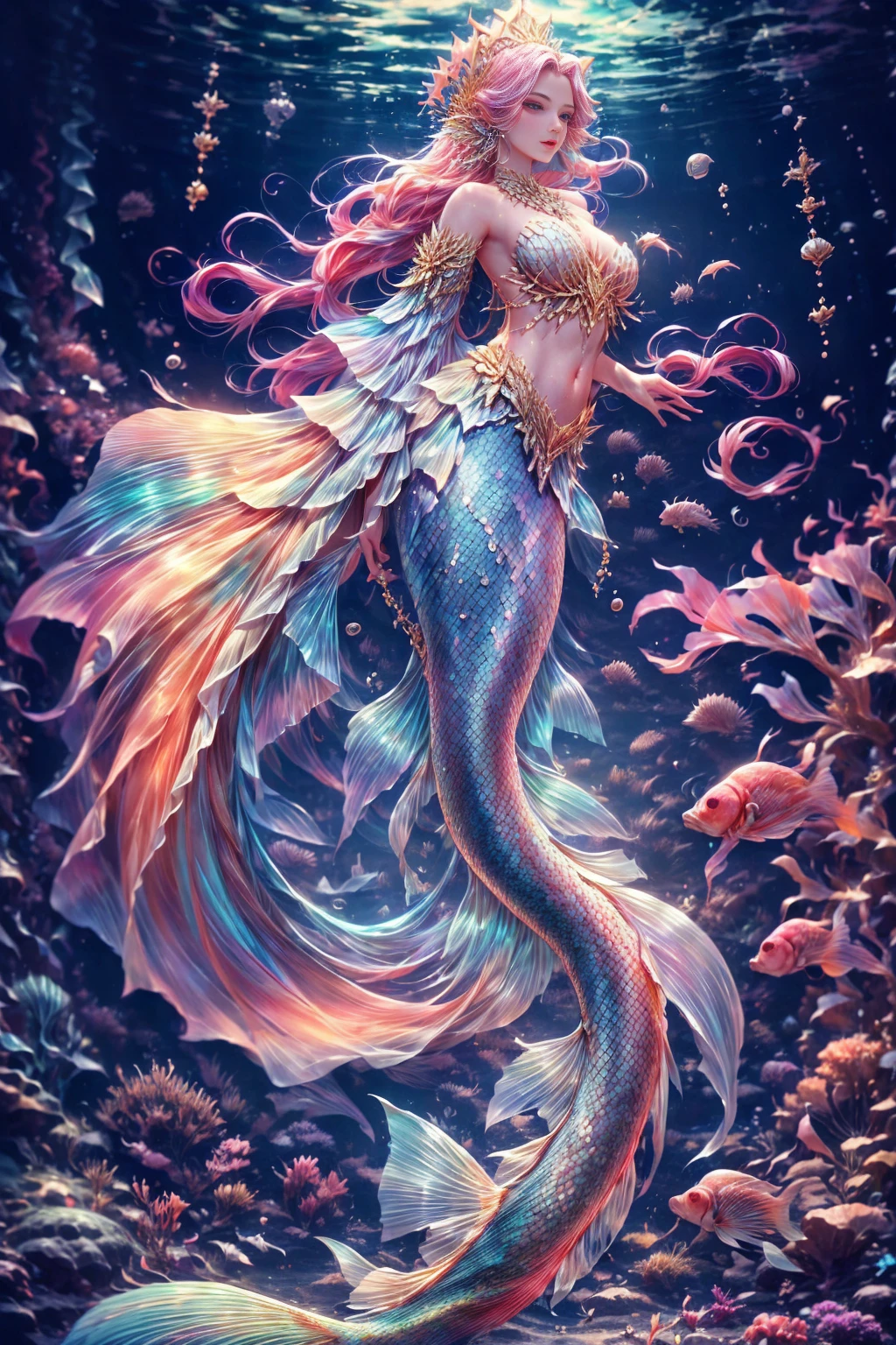 oceano profundo:1.5,imagen futurista, plano general cuerpo entero, majicMIX model ,CeltPunkAI,BiopunkAI 2 , ((princesa sirena:1.5, ((solo)) Lleva una armadura plateada que le cubre todo el torso y cola de pez:1.5)) , Luz delantera . ((obra maestra)), ((mejor calidad)), muy detallado,, V0id (obra maestra: 1.3), (mejor_calidad: 1.3), (ultra_detallado: 1.3), 8K, extremadamente_Por supuesto, Realismo, (ultrarrealista: 1.3), coloration, hermoso, Photorealistasc, realistas,hd, de fondo un pulpo gigante