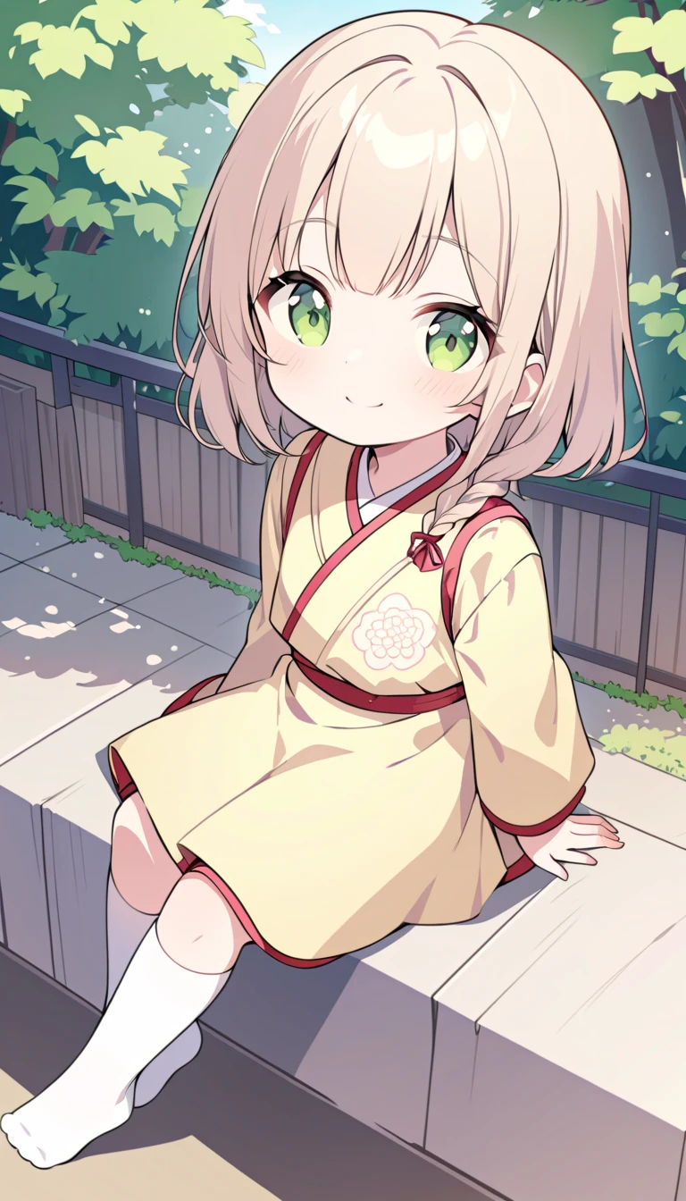 hair color is light yellow、Bun knot、Double eyes、Gentle、stylish、Yukata with flowers written in pink and light blue、The expression is smiling without sticking out teeth、eye color is brown、Shoe snow geta、Socks are white、Pose is a piece、The place is a festival stall、Sunnyday、girl with、1人、Big flower hair ornament